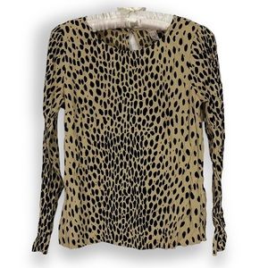 J. Crew Tan Black Blouse Leopard Cheetah Animal Print Top Long Sleeve Sz 0 XS